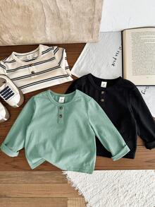 SHEIN LMoss Kids Kids Young Boy Knit Solid Color Striped Crew Neck Casual T-Shirt 3pcs Set - Multicolor - View 3