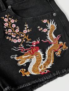 ROMWE 夏季街頭風新中式龍與櫻花刺繡女款牛仔短褲 - 黑色 - 查看 3