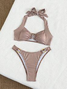 SHEIN Swim 女款純色掛脖式比基尼內衣兩件式高腰泳衣套裝 - 夏季海灘泳裝，Br - 彩色 - 查看 6