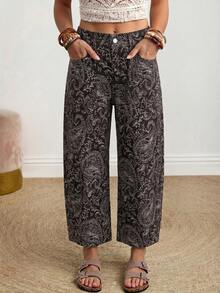EMERY ROSE Women's Casual Paisley Print Jeans - Coffee Brown - View 3