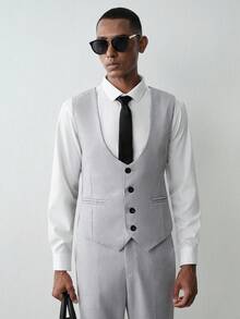 MENRIVO Men's Colorblock Patchwork Waistcoat And Pants Formal Suit Set Formal, Ceremony - Light Grey - View 6