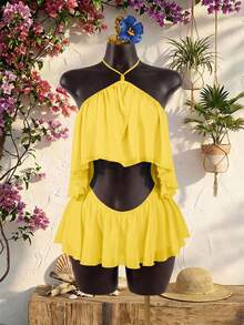SaltGleam SaltGleam Sexy Tropical Summer Beach Party Vacation Backless Camisole Top With Bead Decor, Asymmetric Hem, Double Layer Flowy Ruffle, Mini Skirt Yellow - Pale Yellow - View 3