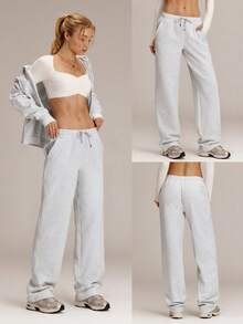 GLOWMODE 30'' Everyday Fleece Wide Leg Adjustable Drawstring Waist Basic Joggers Sweatpants With Side Pockets Daily Casual Fall Winter - Light Grey - View 8