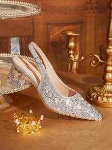 CUCCOO TILAWA Women's Crystal And Glass Rhinestone Pointed Silver High-Heeled Shoes, Suitable For Going Out, Banquets, Parties And Other Activities - flash silver - View 7