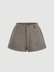 SHEIN MOD 女款格紋單排扣西裝外套與短褲休閒日常套裝 - 卡其色 - 查看 11