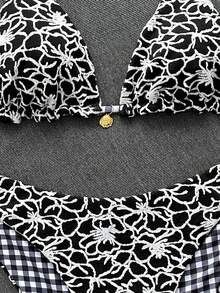 Swim Mod Women's Patterned Special Fabric Plaid Reversible Bikini Set - Black - View 6
