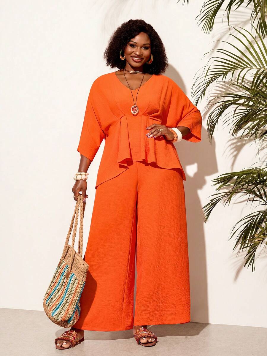 BrightlyHer Plus Size Women Solid Color 3/4 Sleeve Shirt And Wide Leg Pants Casual 2 Pieces Set
