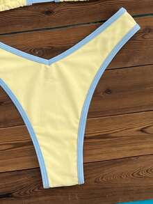 Swim Mod Conjunto de dos piezas de bikini con abertura, cuello halter y lazo, estilo sexy y puro deseo, para vacaciones de aguas termales, primavera/verano 2026 - Amarillo - Ver 3
