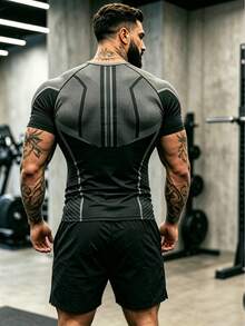GymBeat 男士拼色拼接短袖修身運動T恤，健身房適用 - 彩色 - 查看 2