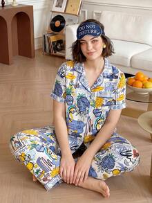 Chillnights Young Colorblock Vacation Lemon Sun Coconut Tree Print Comfortable Loose Fit Lapel Button Front Woven Plus Size Pajama Set - Multicolor - View 1