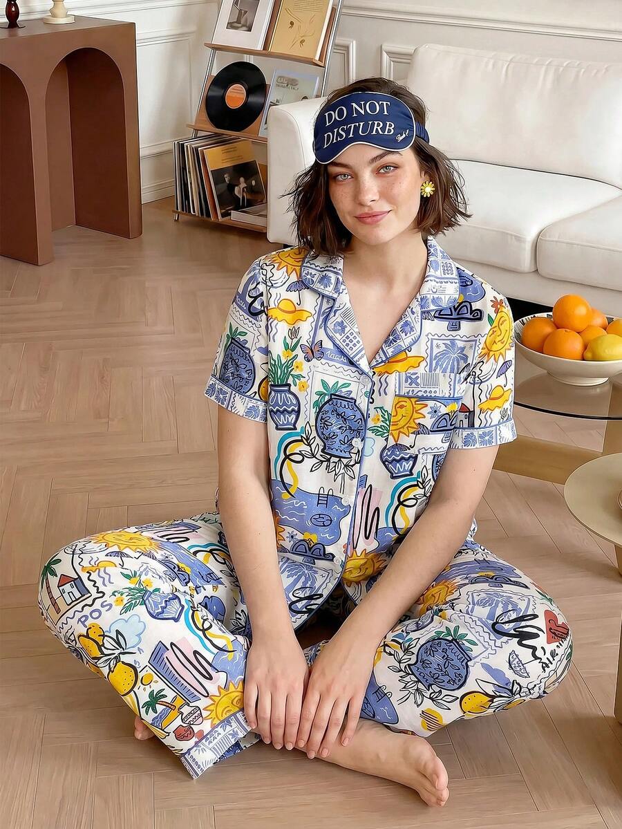 Chillnights Young Colorblock Vacation Lemon Sun Coconut Tree Print Comfortable Loose Fit Lapel Button Front Woven Plus Size Pajama Set - Multicolor - View 1
