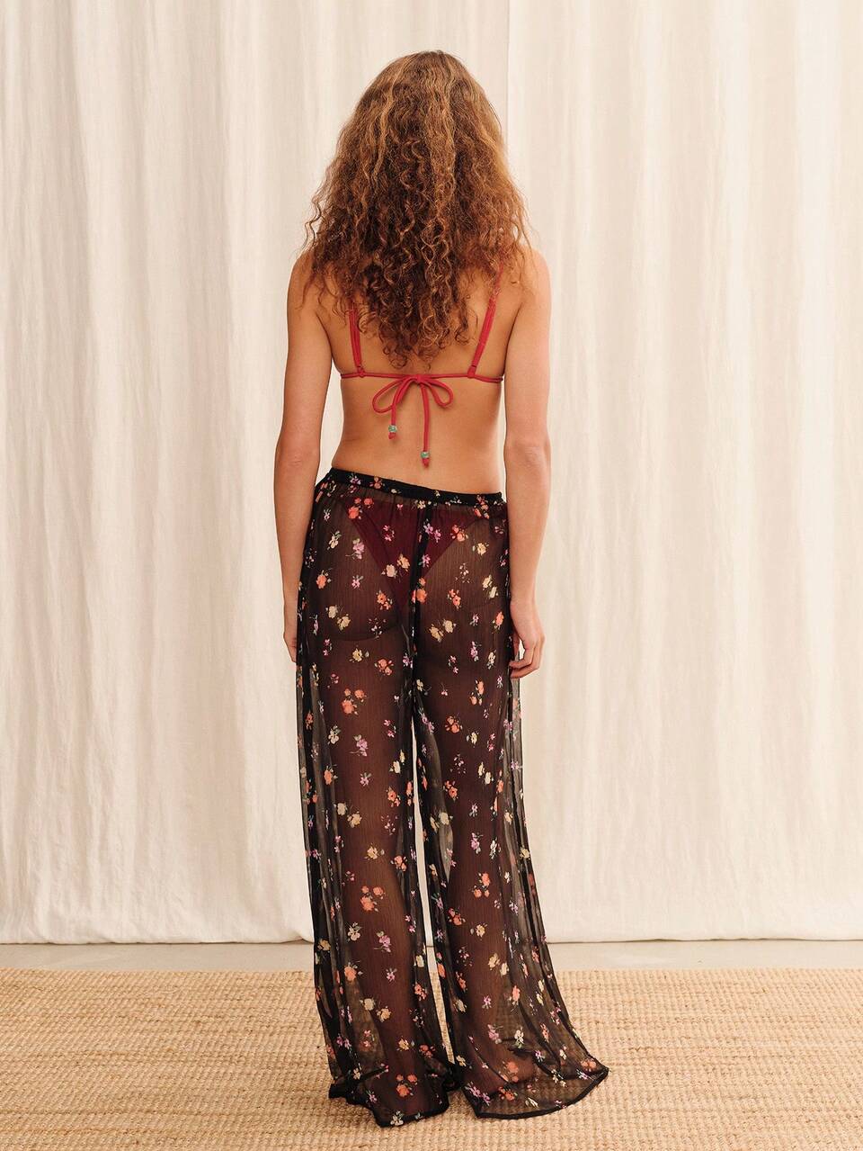 Black Floral Chiffon Wide Leg Sheer Pants, Bohemian Style Beach Vacation Summer Casual Pants
