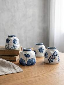 Cirelle 1 pieza/2 piezas Maceta pequeña asimétrica para plantas hidropónicas, cerámica esmaltada lisa con patrones de flores azules vintage pintados a mano, estructura impermeable para el cultivo de raíces de plantas, pequeño contenedor decorativo para escritorio de estudio, estantería de dormitorio y exhibición en mostrador. - Multicolor - Ver 3