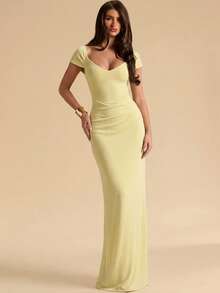 SHEIN BAE Pale Yellow Solid Color Sweetheart Neck Short Sleeve Backless Fitted Maxi Knit Dress, Elegant Dress, Summer Cocktail - Yellow - View 5