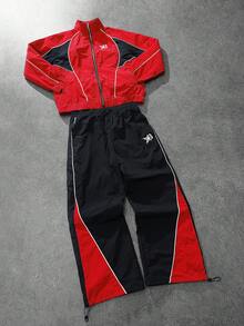 PAVTROS 2pcs Men's Vintage Style Tracksuit Set, Stand Collar Jacket And Pants, Blue & Black Color Block, Unique Bright Design, Suitable For Sports, Outdoor, Back To School, Casual Wear, Holiday Gift Men's Jogging Set Workout Sets Men Men's Track Suit Tracksuits Gym Clothes Men Set,Streetwear,Friends,Matching,Baggy,For Men,Graphic,Japanese Style,Unisex,I Love My Girlfriend - Multicolor - View 3
