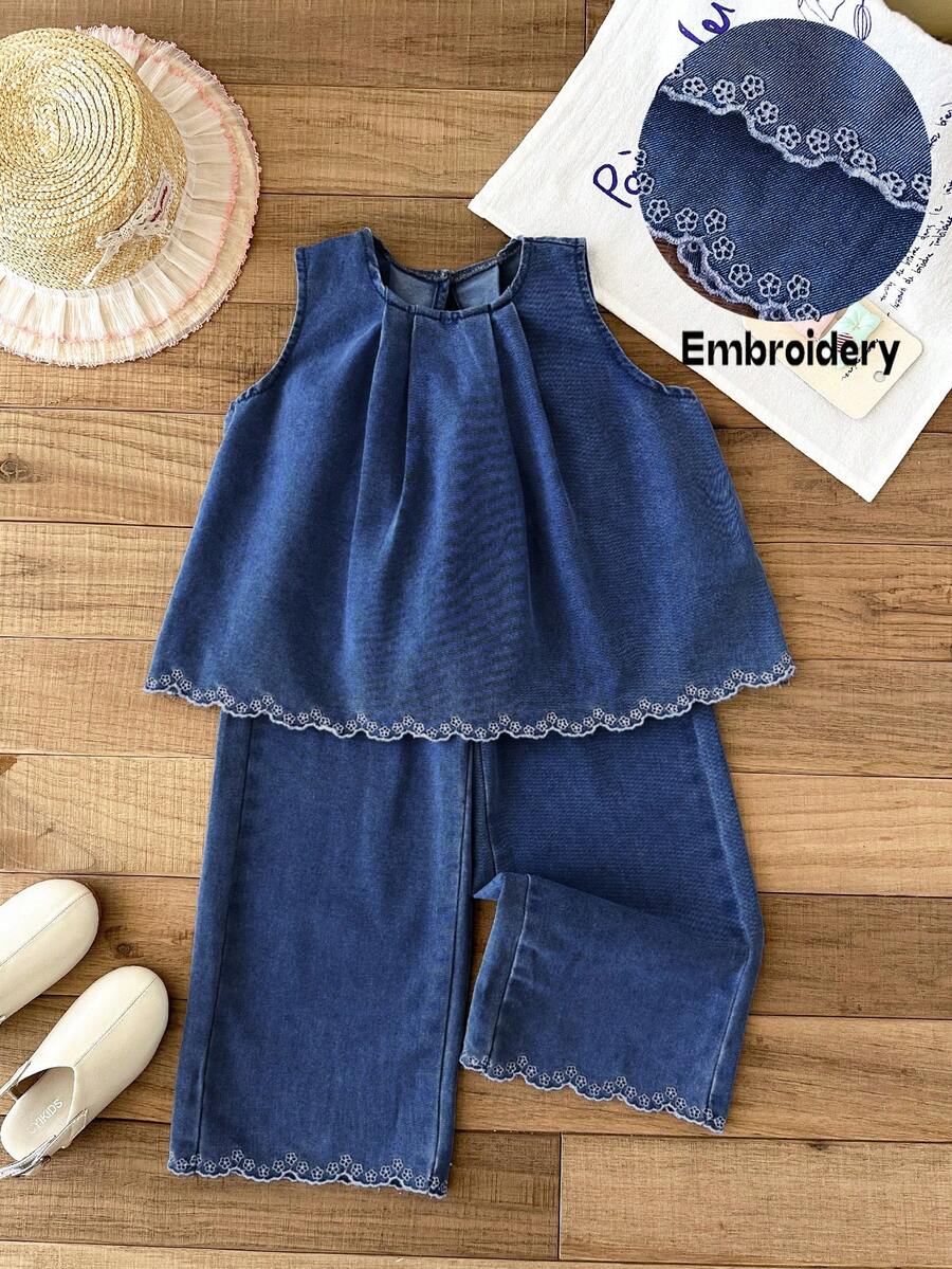 SHEIN LMoss Kids 少女女孩 2 件套鏤空刺繡花卉圖案藍色牛仔寬鬆背心上衣與長褲 - 深色水洗藍 - 查看 1