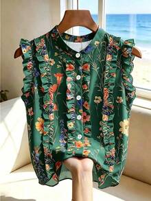 SHEIN Franclia 女款花卉印花百褶休閒百搭日常出遊襯衫 - 墨綠色 - 查看 1