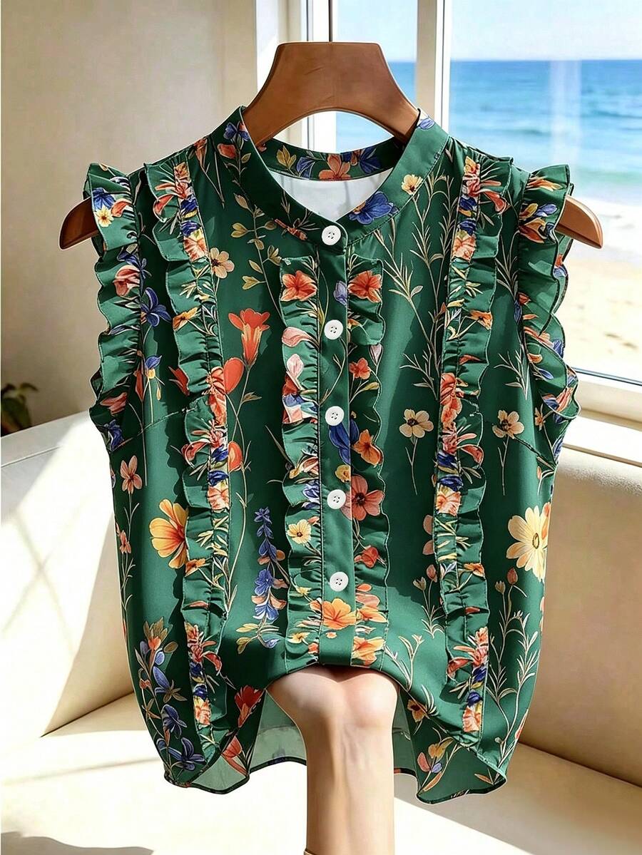SHEIN Franclia 女款花卉印花百褶休閒百搭日常出遊襯衫 - 墨綠色 - 查看 1
