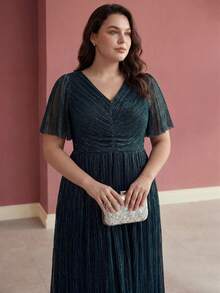 MOTF PREMIUM PLUS SIZE ELEGANT PLEATED DESIGN MID-LENGTH ELASTIC DRESS, SUMMER - Teal Blue - View 3