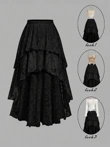 SHEIN MOD تنورة جاكار زهرية ملكية عتيقة بيج بطبقتين من الحاشية، تصميم عالي-منخفض، للمواعدة والحفلات وأعياد الميلاد - الأسود - مشاهدة 8