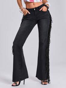 ROMWE Spring/Summer Vacation Y2K Hot Girl Music Festival Side Tassel Decor Vintage Washed Women's Ultra Low Waist Flare Jeans - Black - View 8