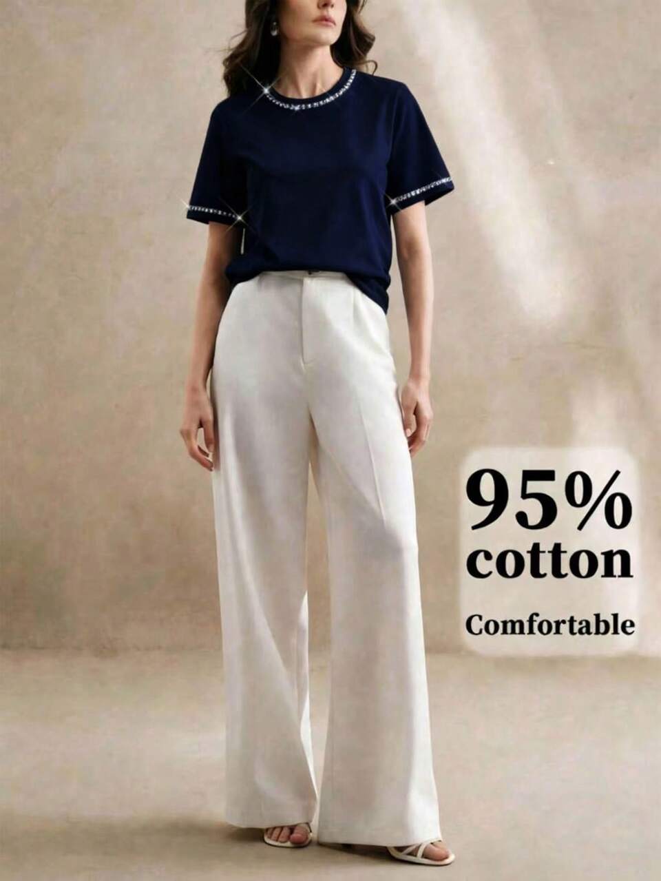Anewsta Women's Round Neck Rhinestone Decorated Casual Elegant Versatile Daily Dinner Everyday Outing Short Sleeve T-Shirt Navy Blue Summer