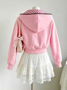 SHEIN Tween女孩蝴蝶結刺繡對比蕾絲連帽拉鍊秋季運動衫 - 粉色 - 查看 7