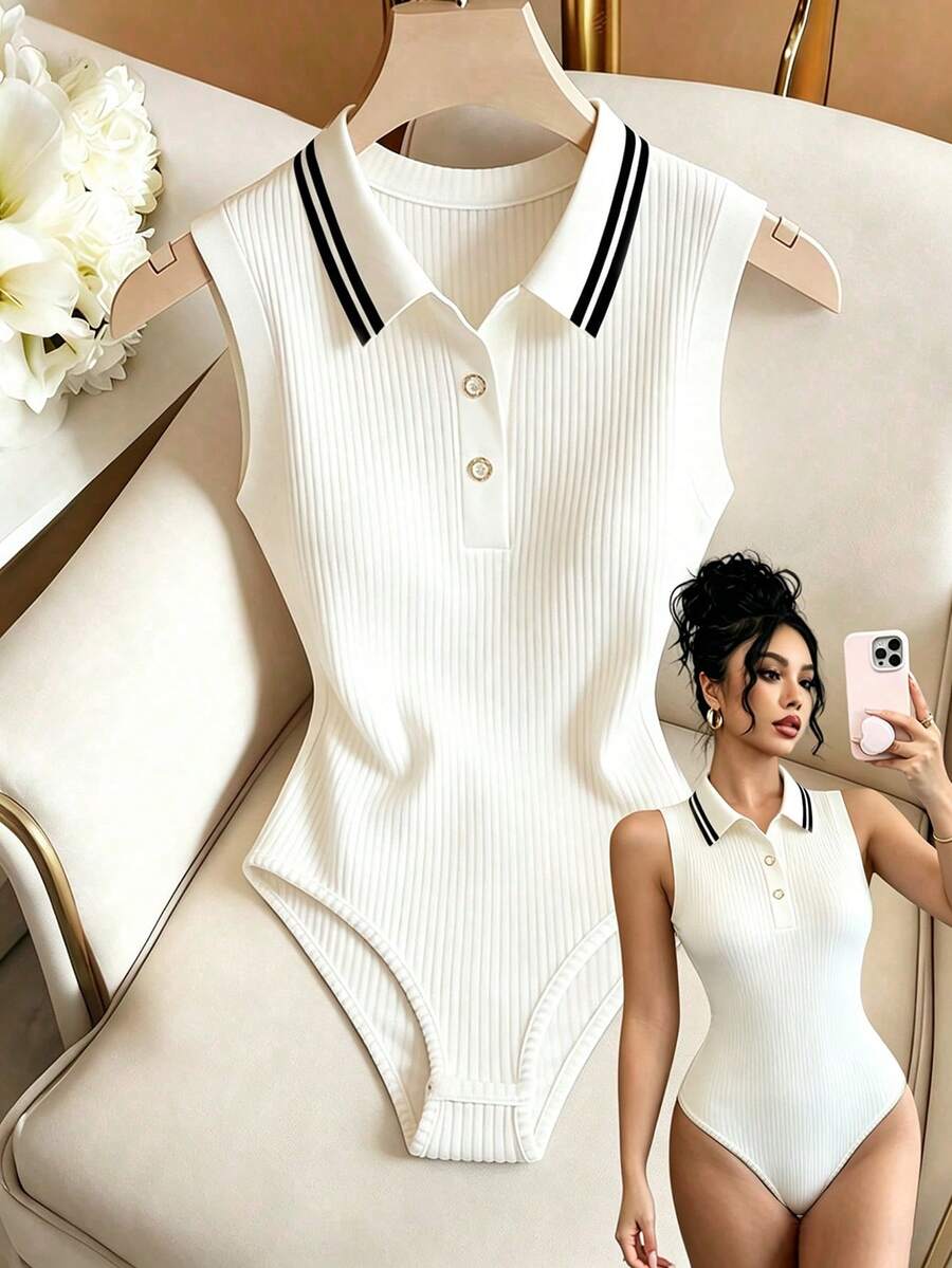 SHEIN Raffinéa Elegant Versatile Turndown Collar Half-Zip Knit White Bodysuit, Women's Spring/Summer Holiday Beach Bodysuit - White - View 1