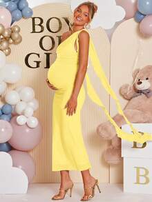 Loomaby Maternity Solid Color Asymmetric Neck Fitted Elegant Dress - Yellow - View 6