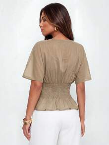 Avantive Top casual versatile da donna a maniche corte, tinta unita, plissettato, per uso quotidiano - Castano - Visualizzare 6