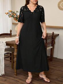 Lacomfia Spring/Summer Elegant Casual Dyed Lace Patchwork V-Neck Pullover Loose Fit Versatile Knit Jacquard Plus Size Women Long Dress - Black - View 5