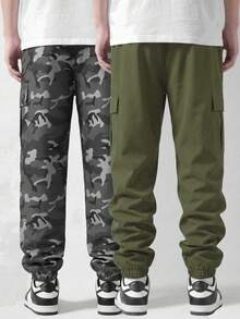 2pcs/Set Men's Teen Outdoor Casual Cool Cargo Pants Grey Camouflage, Army Green 2pcs/Set Cuffed Pants - Army Green - View 2