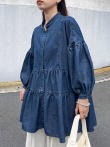 FRIFUL 女款春秋休閒長袖牛仔上衣，海軍藍，適合日常、早午餐、旅行 - 藍色 - 查看 7