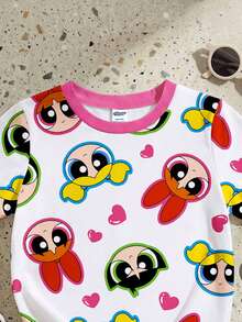 THE POWERPUFF GIRLS X SHEIN GraphicGems 1件女嬰休閒可愛卡通印花圓領短袖T恤 - 彩色 - 查看 3