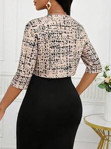 SHEIN Lady 女款格紋七分袖開襟輕便外套 - 卡其色 - 查看 2