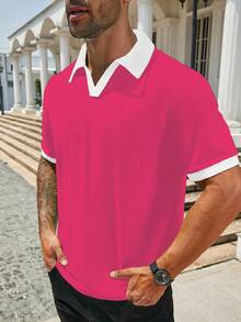 Manfinity Homme Men's Plus Size Colorblock Short Sleeve Casual Commute Polo Shirt - Coral Pink - View 3