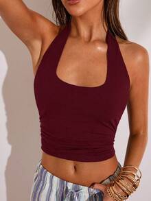 SHEIN BAE Women's Sexy Solid Color Backless Halter Neck Top For Summer Going Out Burgundy - Burgundy - View 7