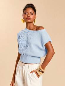 Travachic Women Floral Pattern Asymmetrical Shoulder Solid Color Knit Top - Baby Blue - View 4