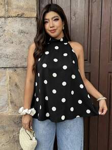 Vionelle Plus Size Polka Dot Sleeveless Back Tie Bow Women's Top - Black - View 3