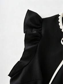 GlowEve Elegant Apricot Shell Embroidery Contrast Color Drawstring Bow Design Flutter Sleeve Cardigan Women's Blouse - Black - View 3