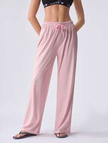 Loungeista Women's Spring/Summer Drawstring Straight Leg Pants, Elegant Casual Homewear & Outerwear - Pink - View 3