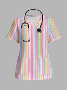 PopScrub Women's Round Neck Short Sleeve Colorful Striped Print Pattern Top - Multicolor - View 7