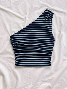 Soleia Sexy Casual One Shoulder Ruched Striped Sleeveless Top No Chest Padding - Multicolor - View 5