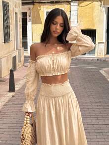 Opulessa Conjunto de 2 piezas para mujer con top de hombro tejido y falda de unicolor para vacaciones de primavera/verano - Albaricoque - Ver 3
