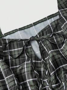 ROMWE Fairycore Plus Size Mori Style Vintage Square Neck Puff Sleeve Plaid Dress - Army Green - View 4