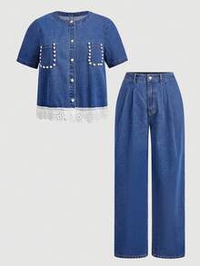 GlowEve CURVE Plus Size Women's Contrast Lace Short Sleeve Shirt And Casual Decent Denim Pants 2 Pieces Set Formal Brunch Light Blue Dusty Blue Summer - Blue - View 5