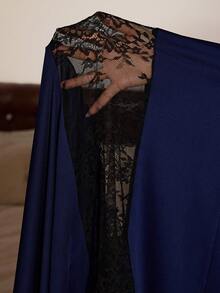 Slumberist Plus Size Sexy Lace Patchwork Nightgown With Waist Belt Lounge Night Navy Blue Autumn - Navy Blue - View 6