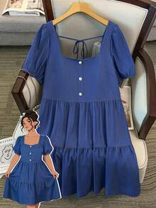 GlowEve CURVE Vestido de mujer talla grande de caliente con cuello cuadrado, elegante, de tela vaquera sintética con mangas abullonadas, diseño de volantes multicapa + lazo en la espalda, adecuado para uso diario, salidas, fiestas, citas, vacaciones - Azul - View 1