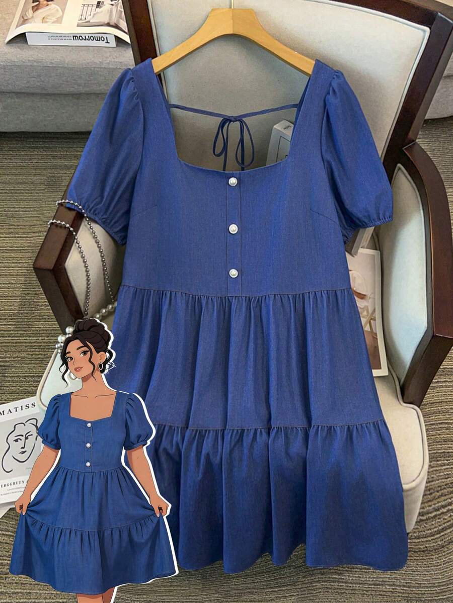 GlowEve CURVE Vestido de mujer talla grande de caliente con cuello cuadrado, elegante, de tela vaquera sintética con mangas abullonadas, diseño de volantes multicapa + lazo en la espalda, adecuado para uso diario, salidas, fiestas, citas, vacaciones - Azul - View 1