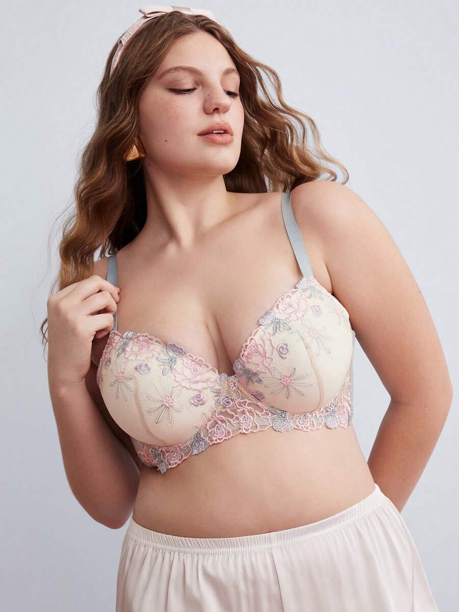 Elorette Bra Balconette Nyaman Motif Bunga Biru Muda, Dukungan & Cakupan Tinggi, Mengangkat & Memperindah, Ukuran Plus - Baby Blue - View 1
